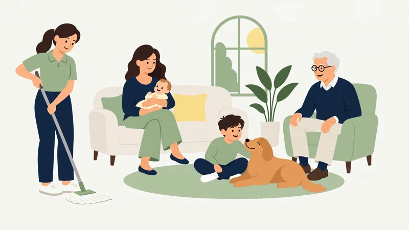 Ilustración de una profesional limpiando la sala junto a una mamá con su bebé, un niño, un abuelo y un perro