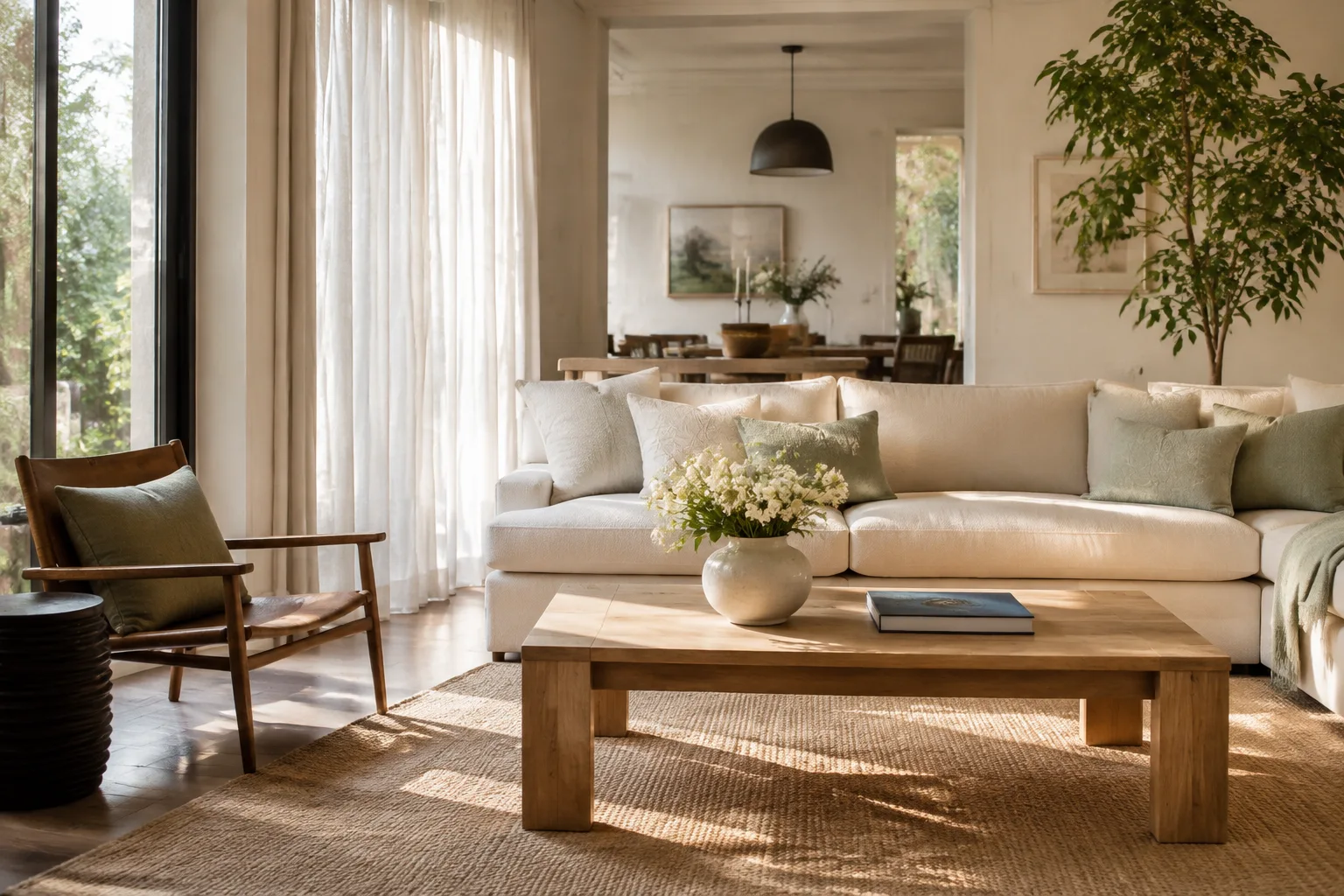 Una sala luminosa y en orden, con textiles de lino y detalles naturales